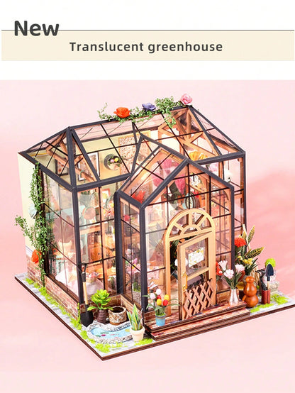 1 Set Wooden DIY Dollhouse Kit, Assemble Miniature Model House, Miniature Greenhouse Model Kit, 1:24 Scale, DIY Craft/Birthday Gift/Home Decor, Gift For Family And Friends (Batteries Not Included)