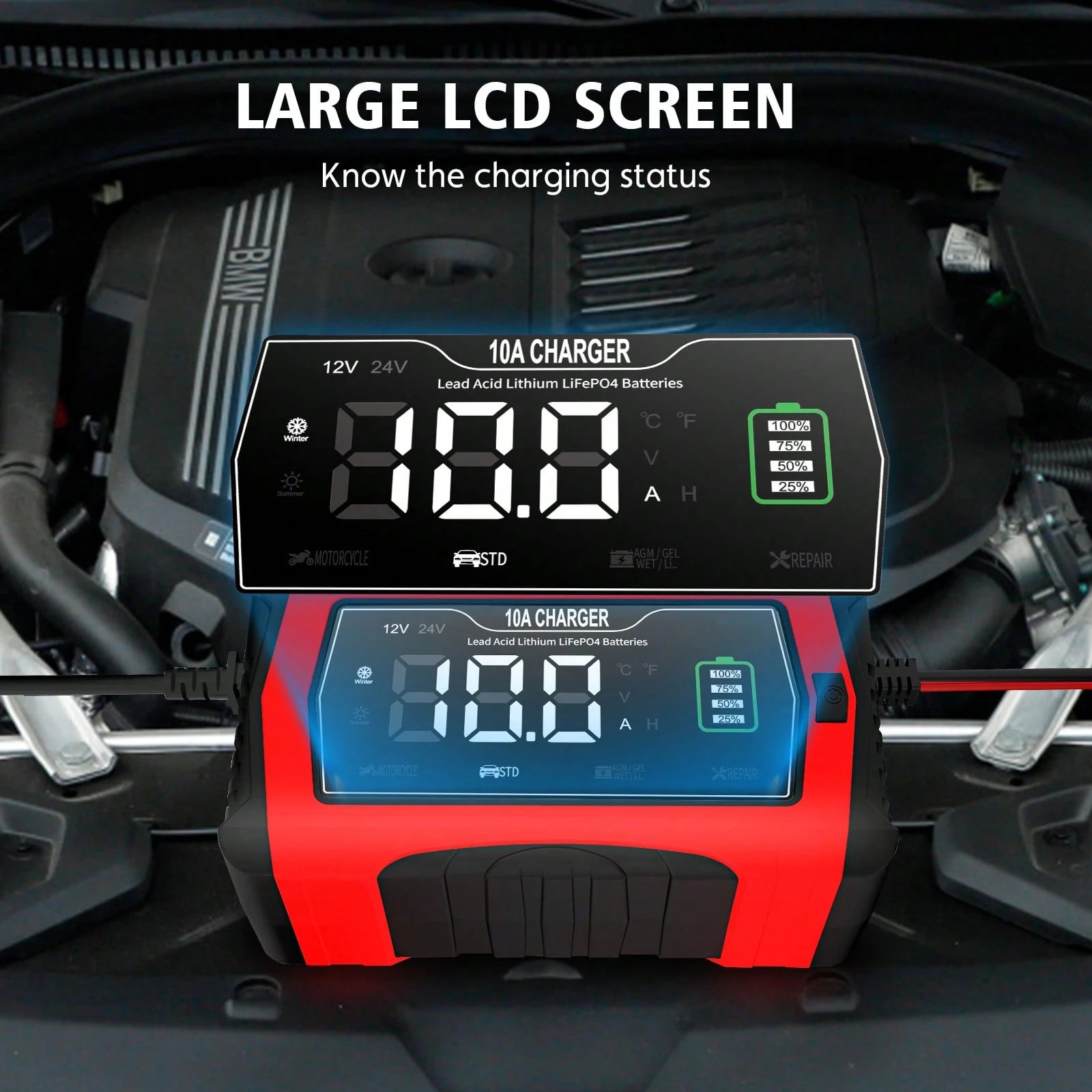 10-Amp 12V And 24V Fully-Automatic Smart Car Battery Charger, Battery Maintainer Trickle Charger, And Battery Desulfator, Lifepo4/AGM, Lithium Battery Charger