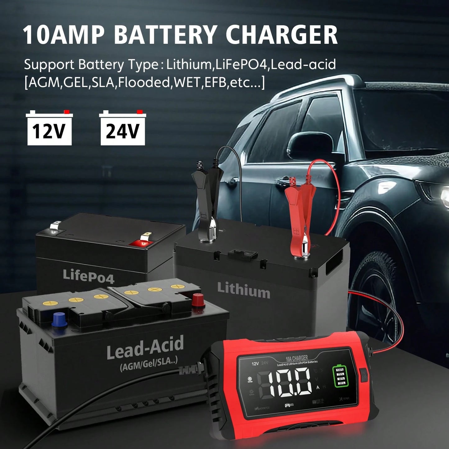10-Amp 12V And 24V Fully-Automatic Smart Car Battery Charger, Battery Maintainer Trickle Charger, And Battery Desulfator, Lifepo4/AGM, Lithium Battery Charger