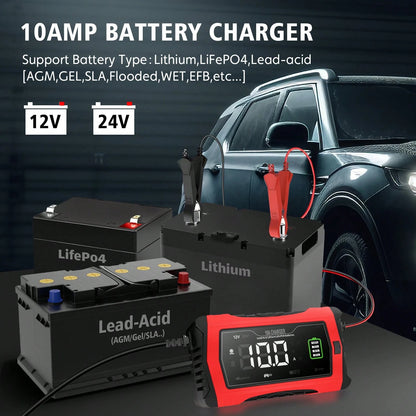 10-Amp 12V And 24V Fully-Automatic Smart Car Battery Charger, Battery Maintainer Trickle Charger, And Battery Desulfator, Lifepo4/AGM, Lithium Battery Charger