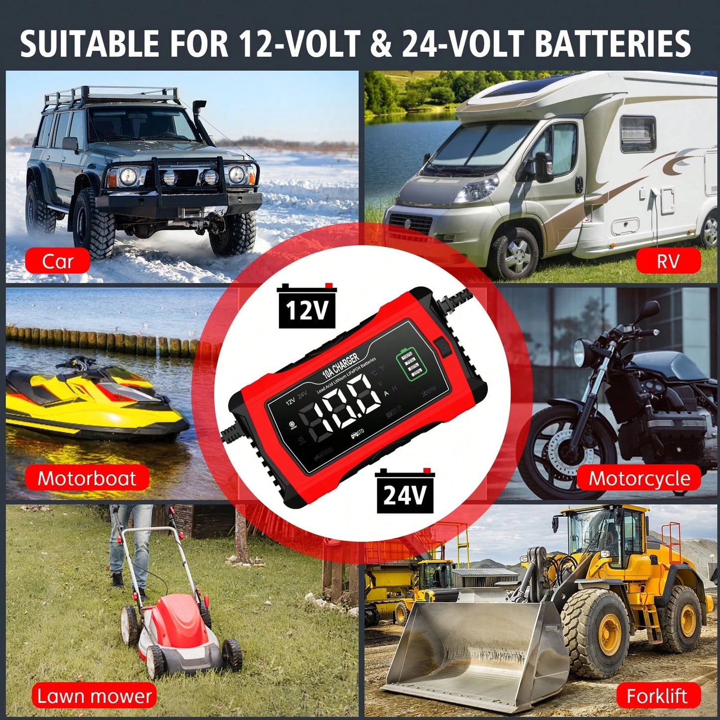 10-Amp 12V And 24V Fully-Automatic Smart Car Battery Charger, Battery Maintainer Trickle Charger, And Battery Desulfator, Lifepo4/AGM, Lithium Battery Charger