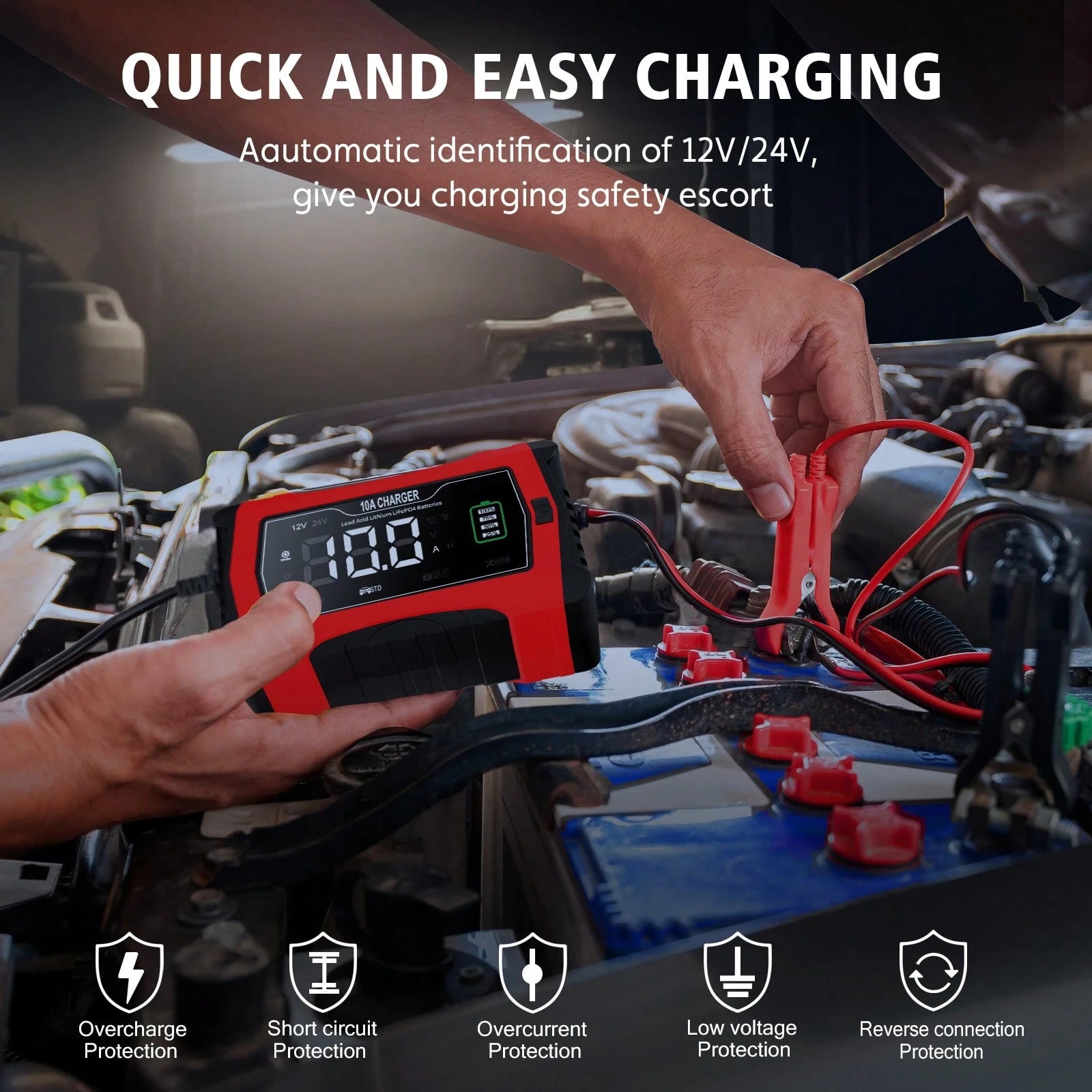 10-Amp 12V And 24V Fully-Automatic Smart Car Battery Charger, Battery Maintainer Trickle Charger, And Battery Desulfator, Lifepo4/AGM, Lithium Battery Charger