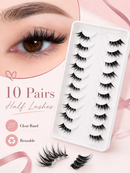 10 Pairs C Curl Cat Eye Half Lash, Transparent Invisible Band Half Strip False Eyelashes, Natural Thin Fluffy 3D Outer Corner Accent Style, Soft Lightweight Reusable, Suitable For Beginners, Daily Mak