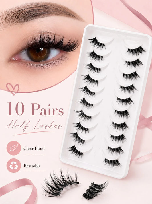 10 Pairs C Curl Cat Eye Half Lash, Transparent Invisible Band Half Strip False Eyelashes, Natural Thin Fluffy 3D Outer Corner Accent Style, Soft Lightweight Reusable, Suitable For Beginners, Daily Mak