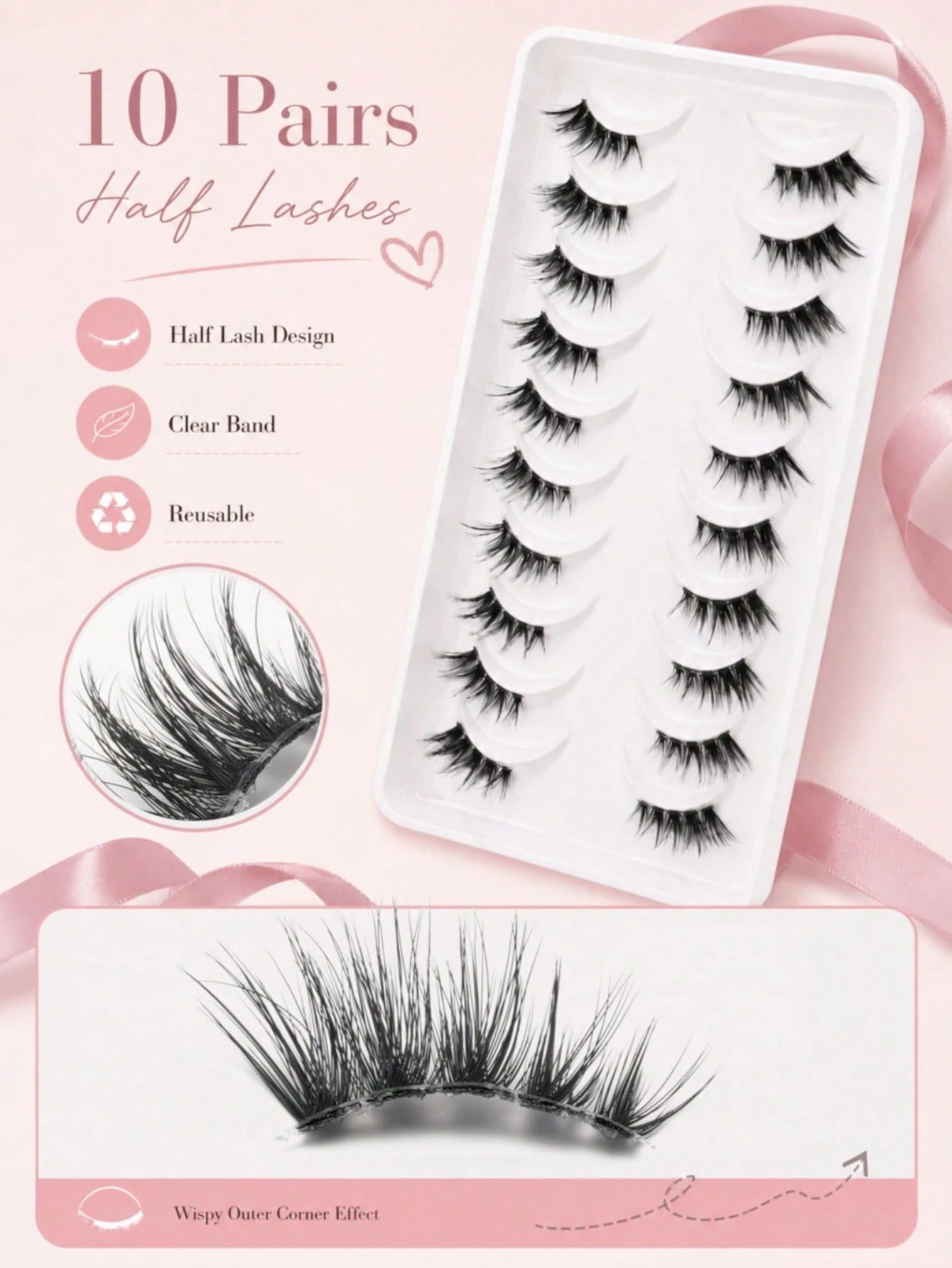 10 Pairs C Curl Cat Eye Half Lash, Transparent Invisible Band Half Strip False Eyelashes, Natural Thin Fluffy 3D Outer Corner Accent Style, Soft Lightweight Reusable, Suitable For Beginners, Daily Mak
