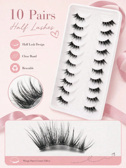 10 Pairs C Curl Cat Eye Half Lash, Transparent Invisible Band Half Strip False Eyelashes, Natural Thin Fluffy 3D Outer Corner Accent Style, Soft Lightweight Reusable, Suitable For Beginners, Daily Mak