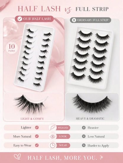 10 Pairs C Curl Cat Eye Half Lash, Transparent Invisible Band Half Strip False Eyelashes, Natural Thin Fluffy 3D Outer Corner Accent Style, Soft Lightweight Reusable, Suitable For Beginners, Daily Mak