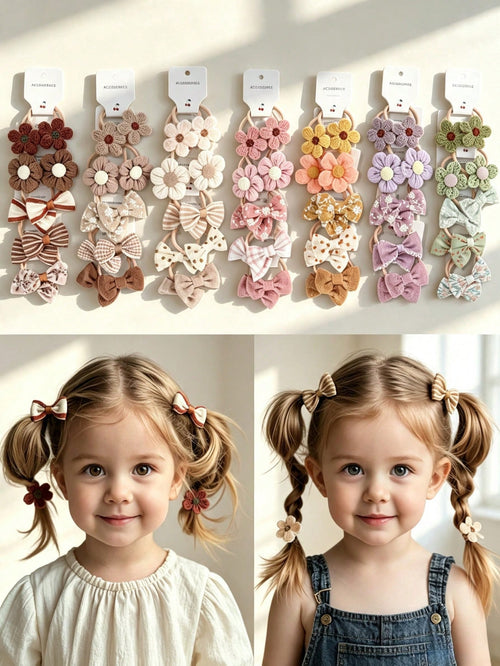 10-Piece Hair Tie Set, Featuring Crocheted Flower And Bow Design, Elastic Hair Ties, Soft And Suitable For Little Girls.
