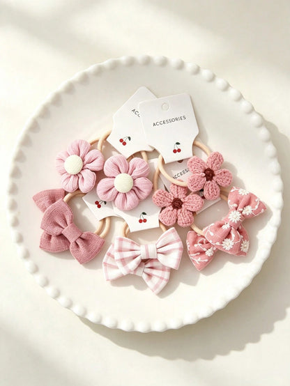 10-Piece Hair Tie Set, Featuring Crocheted Flower And Bow Design, Elastic Hair Ties, Soft And Suitable For Little Girls.