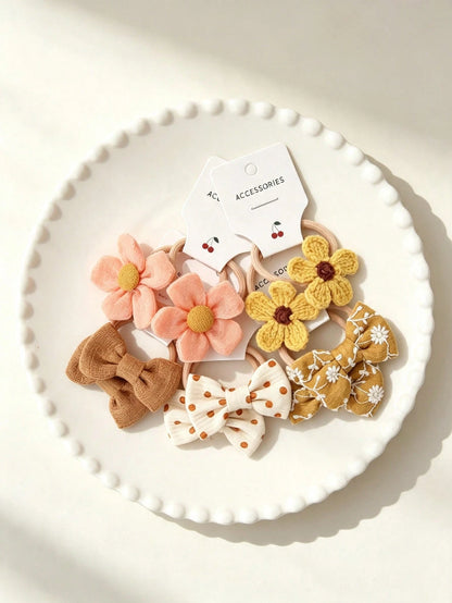10-Piece Hair Tie Set, Featuring Crocheted Flower And Bow Design, Elastic Hair Ties, Soft And Suitable For Little Girls.