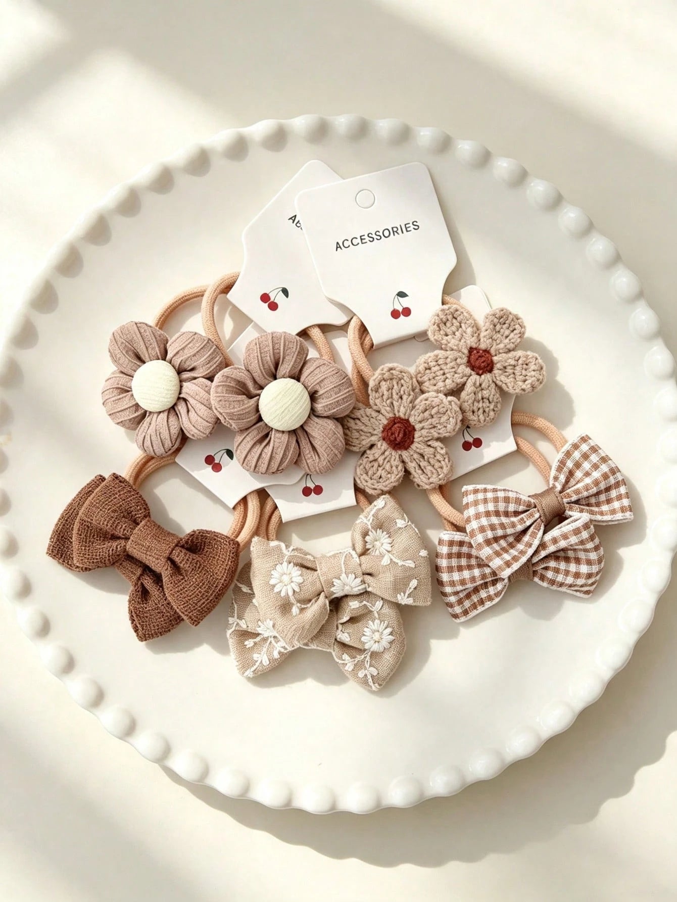 10-Piece Hair Tie Set, Featuring Crocheted Flower And Bow Design, Elastic Hair Ties, Soft And Suitable For Little Girls.