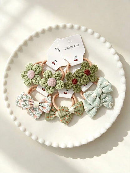 10-Piece Hair Tie Set, Featuring Crocheted Flower And Bow Design, Elastic Hair Ties, Soft And Suitable For Little Girls.