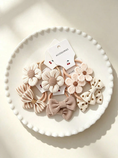 10-Piece Hair Tie Set, Featuring Crocheted Flower And Bow Design, Elastic Hair Ties, Soft And Suitable For Little Girls.