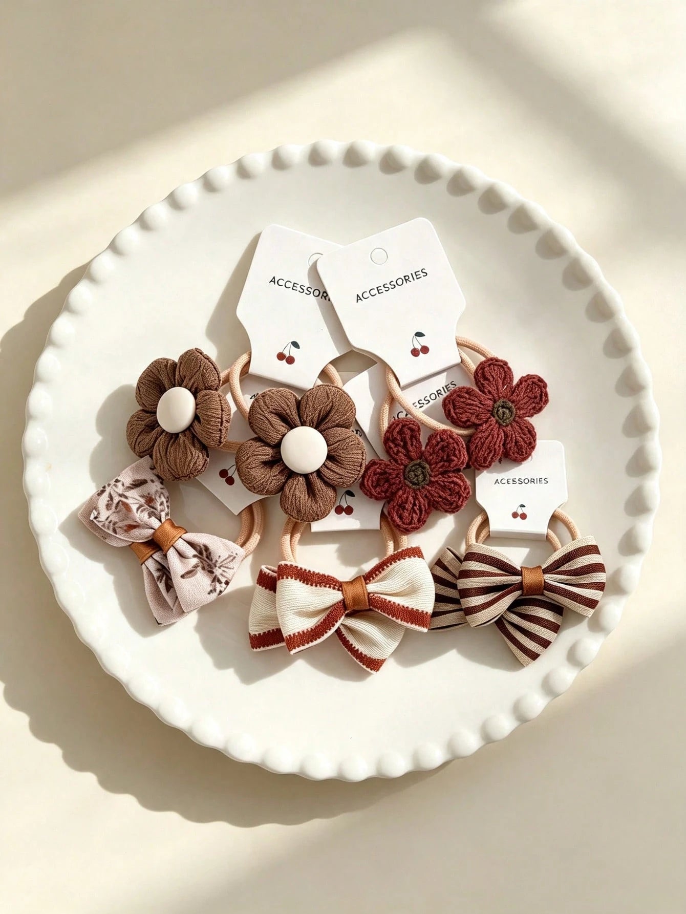 10-Piece Hair Tie Set, Featuring Crocheted Flower And Bow Design, Elastic Hair Ties, Soft And Suitable For Little Girls.
