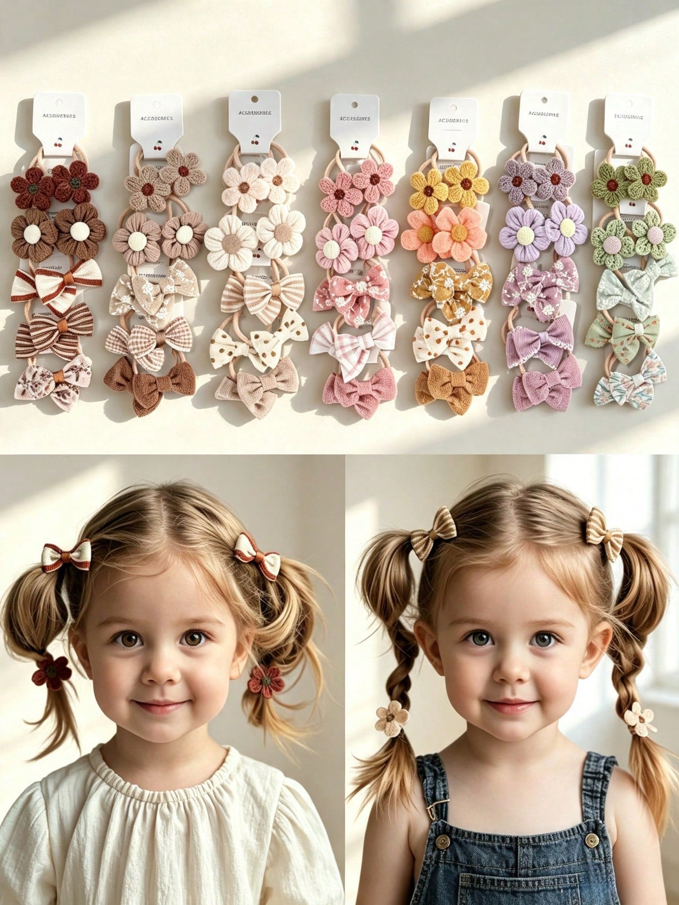 10-Piece Hair Tie Set, Featuring Crocheted Flower And Bow Design, Elastic Hair Ties, Soft And Suitable For Little Girls.