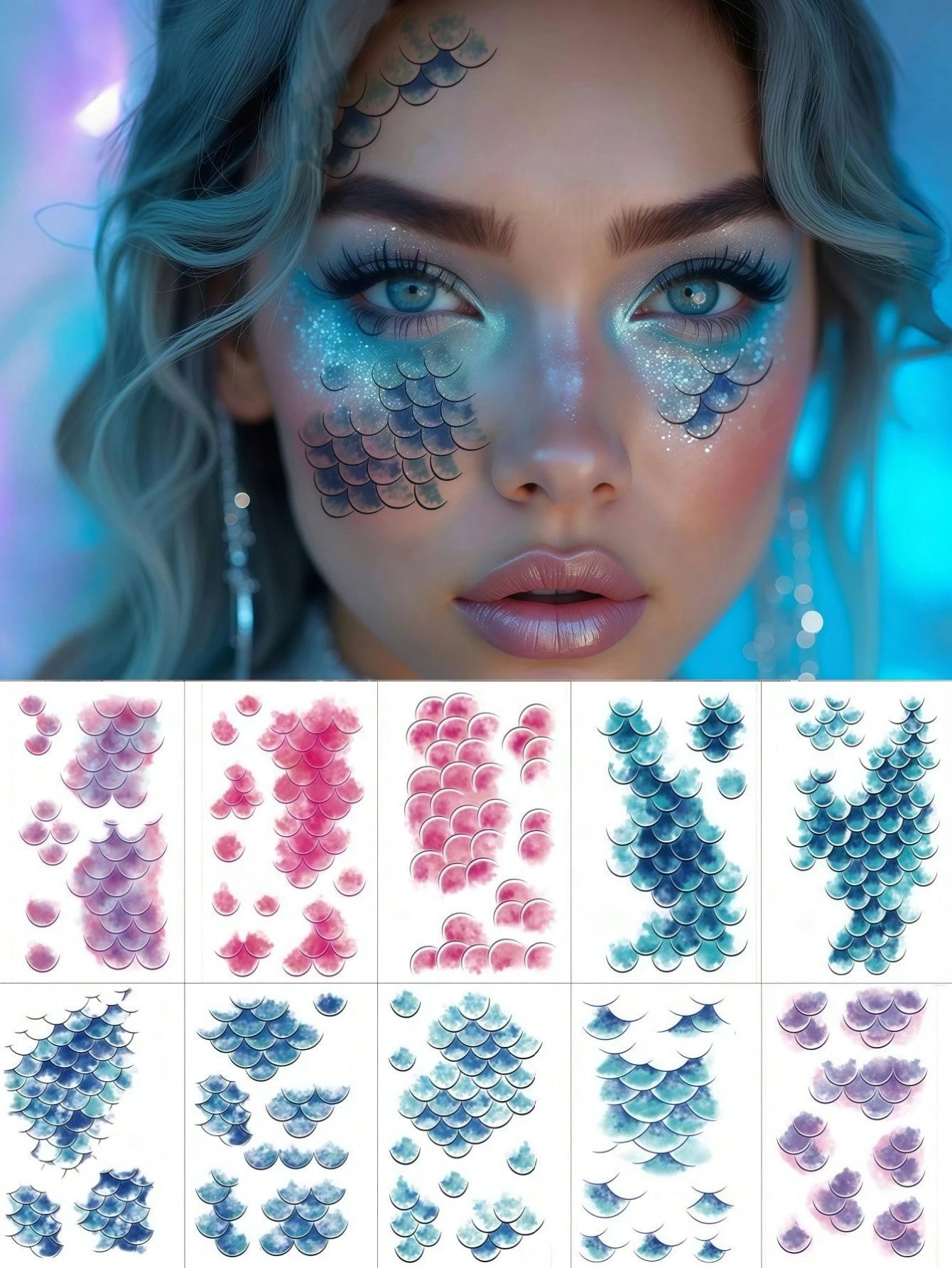 10 Sheets Mermaid Scale Tattoos Stickers Sea Mermaid Face Tattoos Waterproof Temporary Tattoos For Women Cosplay Karneval Makeup Valentine Day Accessories Birthday Party Festival Decorations