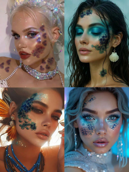10 Sheets Mermaid Scale Tattoos Stickers Sea Mermaid Face Tattoos Waterproof Temporary Tattoos For Women Cosplay Karneval Makeup Valentine Day Accessories Birthday Party Festival Decorations