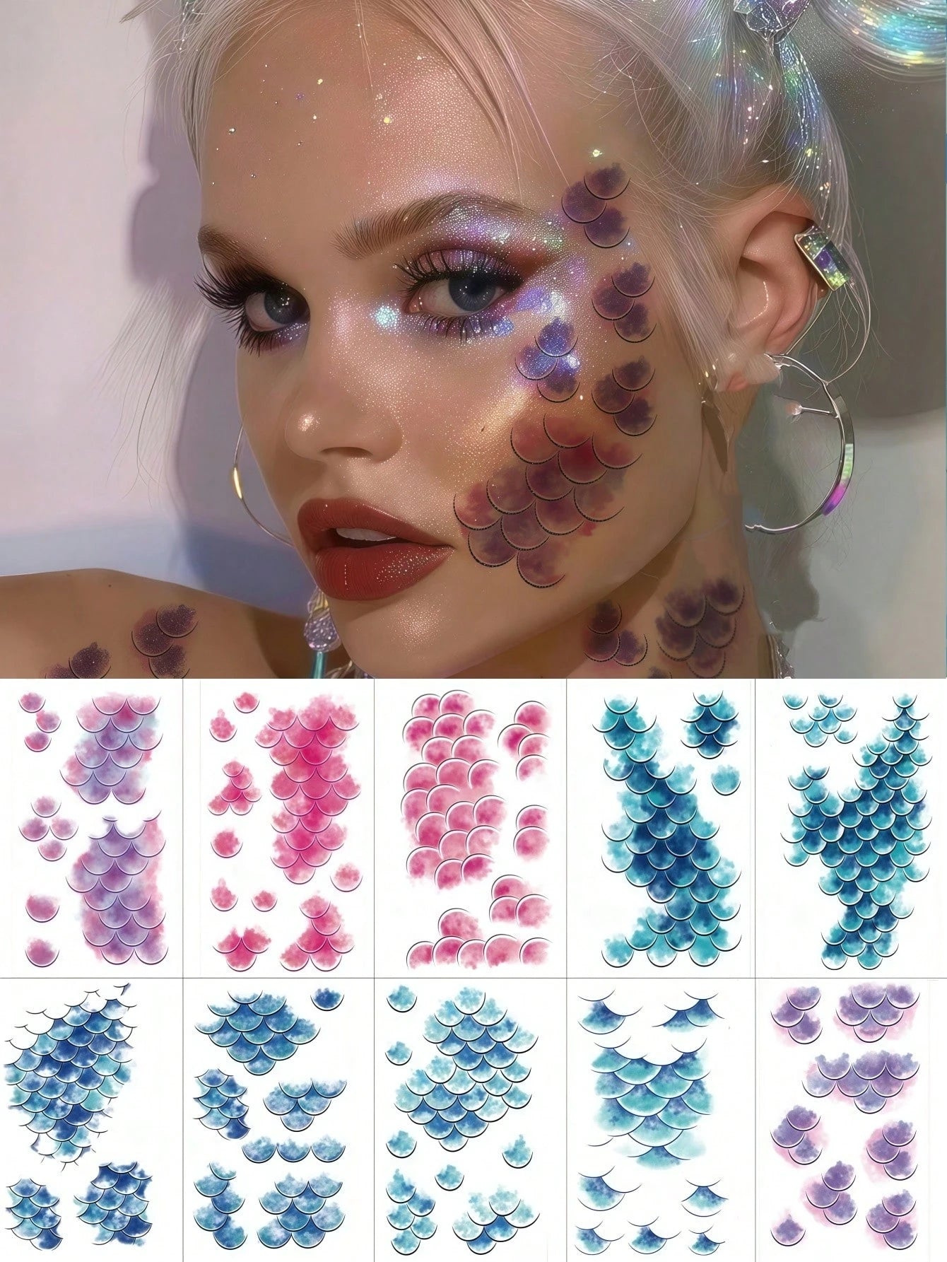 10 Sheets Mermaid Scale Tattoos Stickers Sea Mermaid Face Tattoos Waterproof Temporary Tattoos For Women Cosplay Karneval Makeup Valentine Day Accessories Birthday Party Festival Decorations