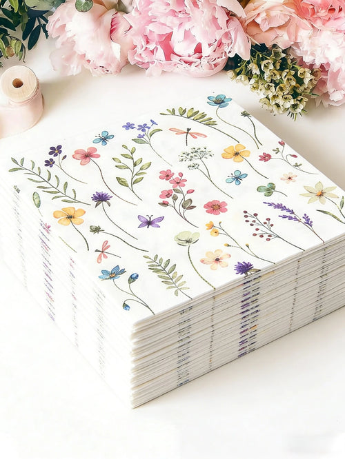 100/60/16pcs Wild Flower Pattern Paper Napkins, Spring Floral Pattern Paper Napkins, Birthday Decor Tableware Napkins, Cute Flower Tableware, Tea Party Wedding Party Decor, Baby Shower Decor, Home Dec