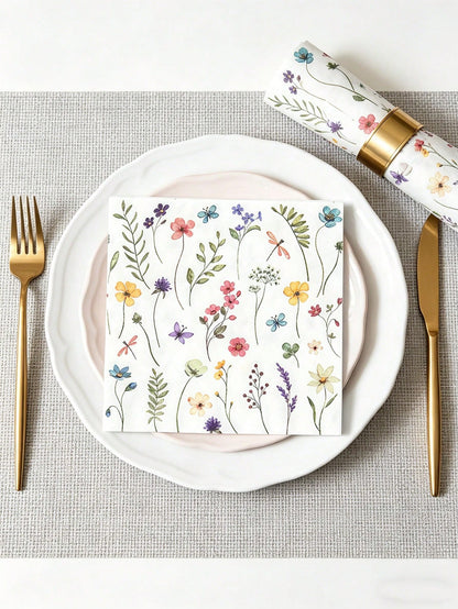 100/60/16pcs Wild Flower Pattern Paper Napkins, Spring Floral Pattern Paper Napkins, Birthday Decor Tableware Napkins, Cute Flower Tableware, Tea Party Wedding Party Decor, Baby Shower Decor, Home Dec