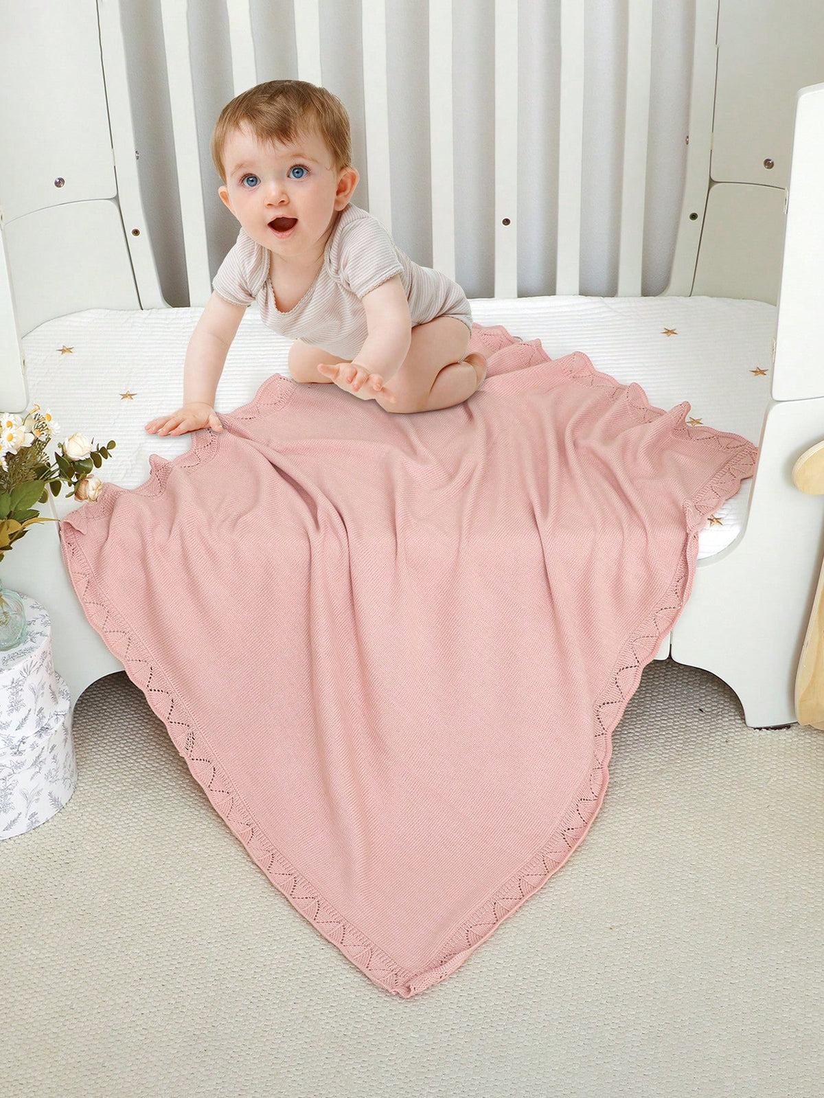 100*80cm 100% Cotton Knitted Baby Blanket, Newborn Stroller Blanket, Soft & Comfortable Baby Swaddle Wrap, All Season Baby Essentials
