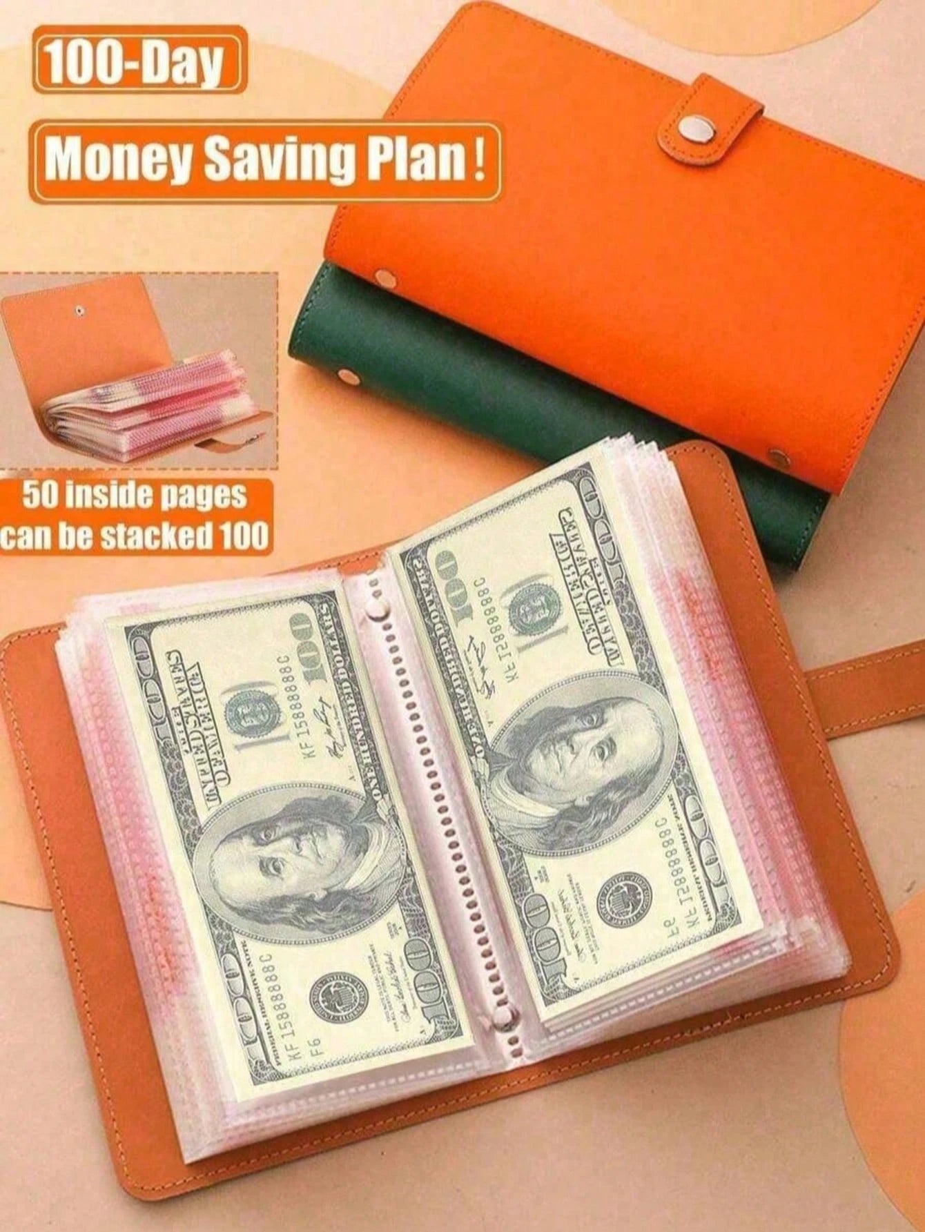 100 Capacity Cash Storage Notebook, With Photo Slots For Bills & Stamps, 1A6 Large Storage Space, Envelope Challenge Loose-Leaf Binder, Envelope Savings Challenge Notebook, Achieve Savings Goal Envelo