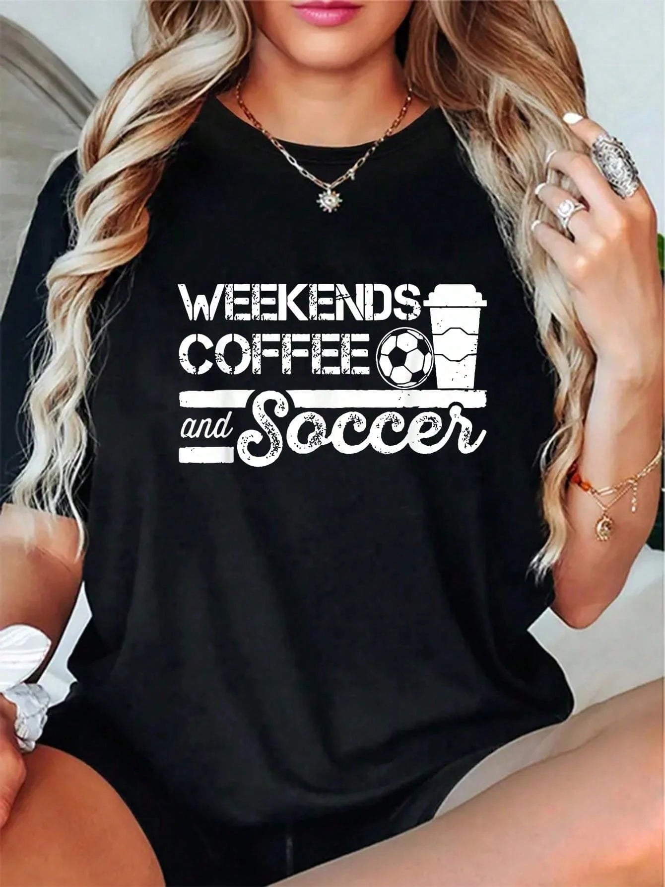 100% Cotton Weekends Coffee And Soccer Funny Soccer Football Mom Life T-Shirt Women's Men's Graphic Tee Comfort Crew Neck Summer Vacation Tops