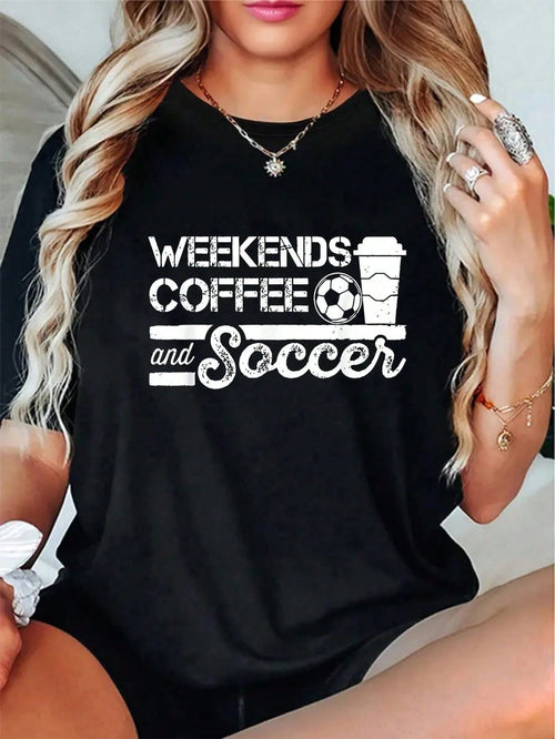 100% Cotton Weekends Coffee And Soccer Funny Soccer Football Mom Life T-Shirt Women's Men's Graphic Tee Comfort Crew Neck Summer Vacation Tops