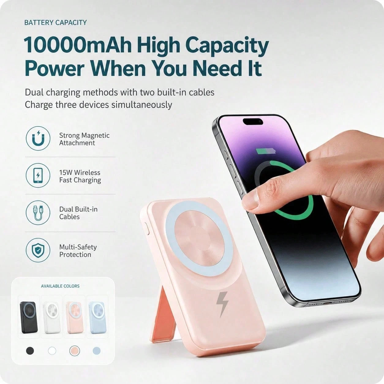 10000mAh Fast Charging Magnetic Power Bank With Foldable Stand Built-In Cables, 15W Wireless Fast Charging LED Digital Power Display Strong Magnetic Attachment, Travel Essentials Camping Essentials Sc