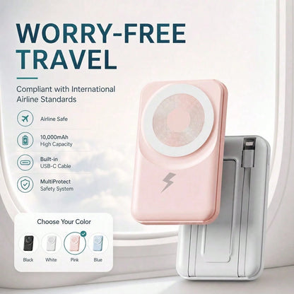 10000mAh Foldable Magnetic Power Bank With Built-In Dual Cables Wireless Charging, 15W Fast Wireless Charging 22.5W Wired Charging LED Battery Indicator, Travel Essentials Camping Essentials Back To S