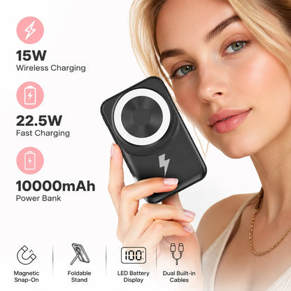 10000mAh Magnetic Phone Charger Power Bank With Foldable Stand Built-In Cables, 15W Wireless Fast Charging 22.5W Wired Charging LED Digital Power Display, Travel Essentials Camping Essentials College