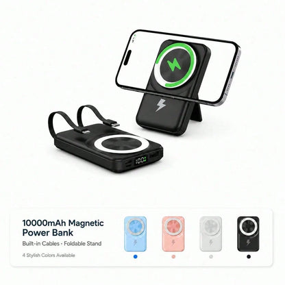 10000mAh Magnetic Phone Charger Power Bank With Foldable Stand Built-In Cables, 15W Wireless Fast Charging 22.5W Wired Charging LED Digital Power Display, Travel Essentials Camping Essentials College