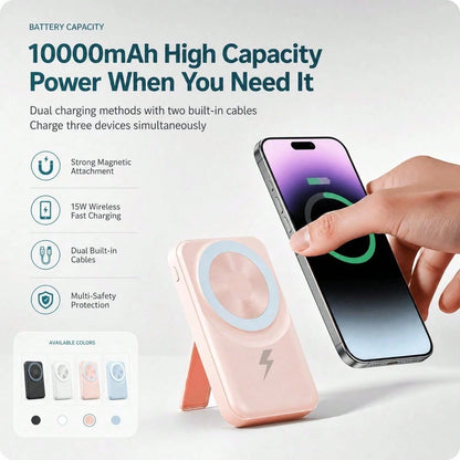 10000mAh Magnetic Phone Charger Power Bank With Foldable Stand Built-In Cables, 15W Wireless Fast Charging 22.5W Wired Charging LED Digital Power Display, Travel Essentials Camping Essentials College