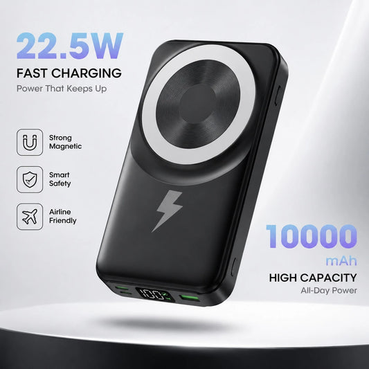 10000mAh MagSafe Compatible Battery Pack Charger, Foldable Kickstand Built-In Type C & Lightning Cables 22.5W Wired Fast Charging 15W Wireless, Travel Essentials School Essentials Back To School Suppl