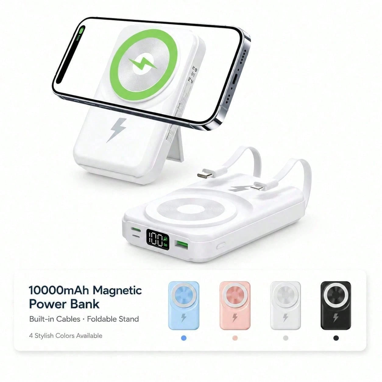 10000mAh MagSafe Compatible Battery Pack Charger, Foldable Kickstand Built-In Type C & Lightning Cables 22.5W Wired Fast Charging 15W Wireless, Travel Essentials School Essentials Back To School Suppl