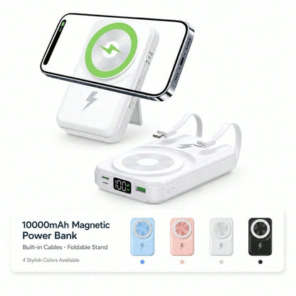 10000mAh MagSafe Compatible Battery Pack Charger, Foldable Kickstand Built-In Type C & Lightning Cables 22.5W Wired Fast Charging 15W Wireless, Travel Essentials School Essentials Back To School Suppl