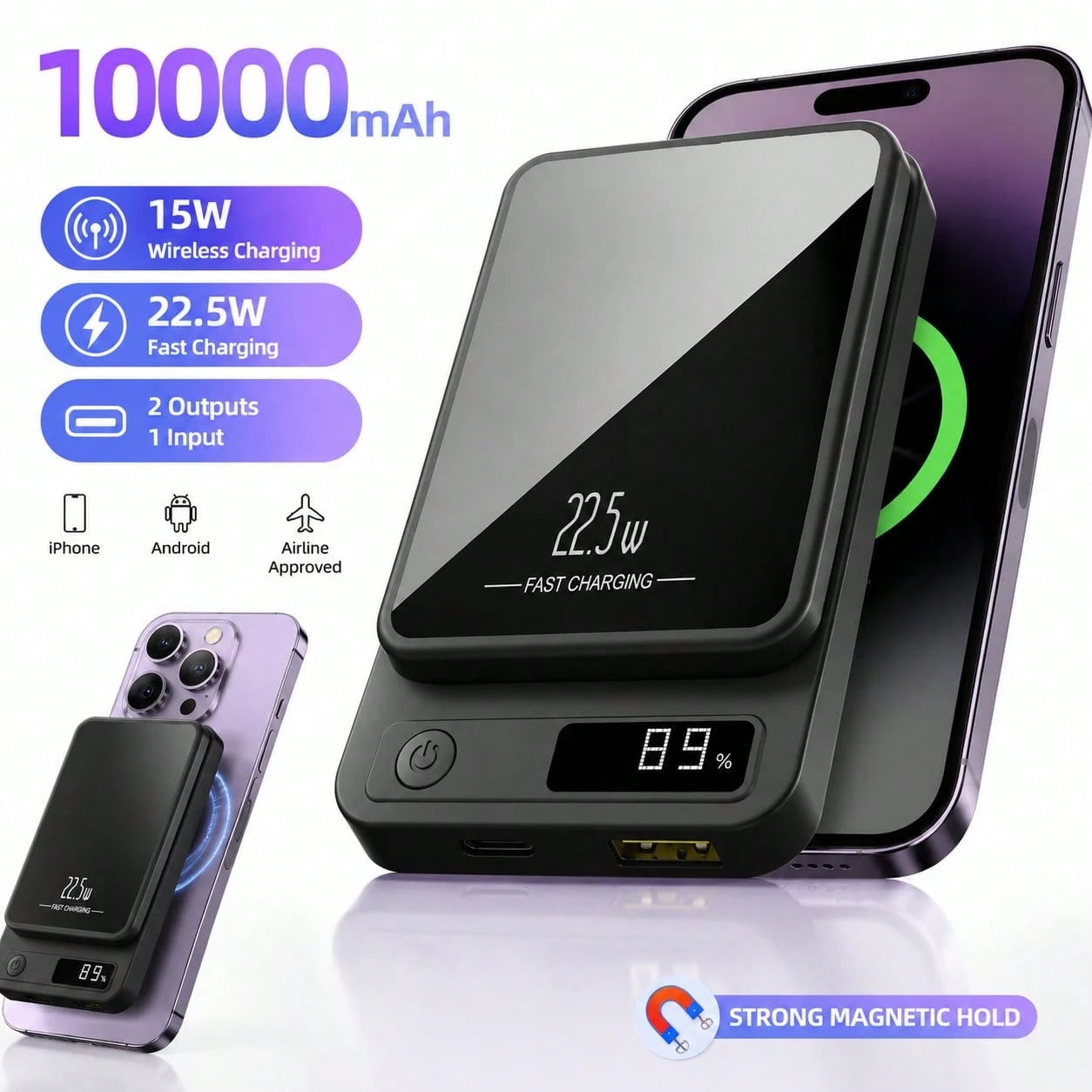10000mAh Multi-Functional Magnetic Wireless Power Bank, Dual Fast Charging System 15W Inductive Wireless + 20W PD USB-C Quick Charge, Smart LED Digital Battery Monitor Ultra Slim Portable Build, Aviat