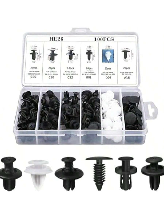 100pcs Bumper Clips, Plastic Rivets Fasteners Kits, Automotive Push-Type Retainers Set With Size, Includes Fastener Removal Tool