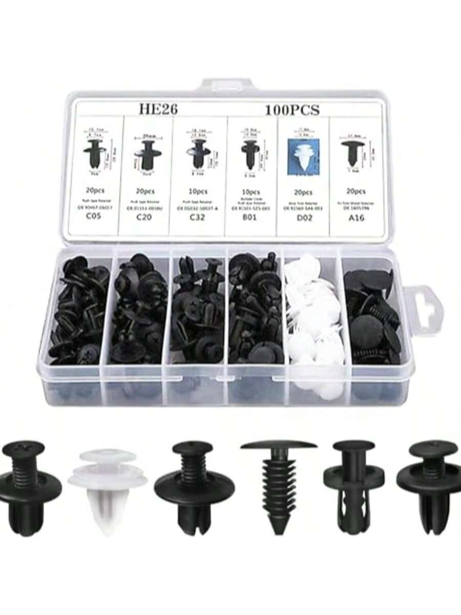100pcs Bumper Clips, Plastic Rivets Fasteners Kits, Automotive Push-Type Retainers Set With Size, Includes Fastener Removal Tool