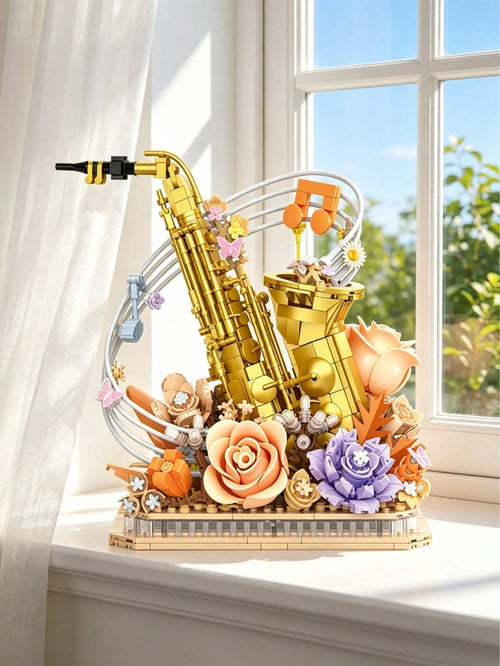 1013pcs Gold Saxophone Eternal Flower Building Blocks Decor, Jazz Instrument & Warm Tone Floral Theme Wall Sticker, Vintage Study Window Sill Shelf Aesthetic Decoration, Romantic Anniversary Graduatio