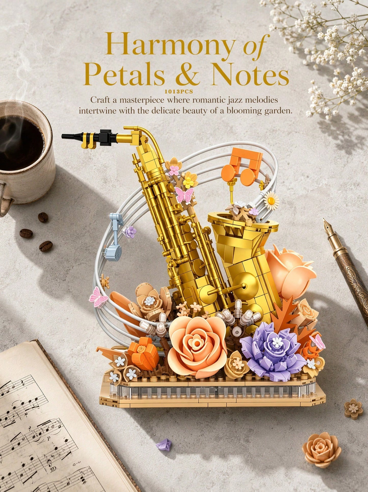 1013pcs Gold Saxophone Eternal Flower Building Blocks Decor, Jazz Instrument & Warm Tone Floral Theme Wall Sticker, Vintage Study Window Sill Shelf Aesthetic Decoration, Romantic Anniversary Graduatio