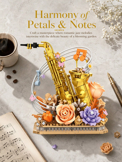 1013pcs Gold Saxophone Eternal Flower Building Blocks Decor, Jazz Instrument & Warm Tone Floral Theme Wall Sticker, Vintage Study Window Sill Shelf Aesthetic Decoration, Romantic Anniversary Graduatio