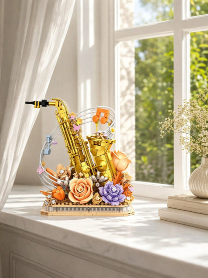 1013pcs Gold Saxophone Eternal Flower Building Blocks Decor, Jazz Instrument & Warm Tone Floral Theme Wall Sticker, Vintage Study Window Sill Shelf Aesthetic Decoration, Romantic Anniversary Graduatio