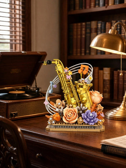 1013pcs Gold Saxophone Eternal Flower Building Blocks Decor, Jazz Instrument & Warm Tone Floral Theme Wall Sticker, Vintage Study Window Sill Shelf Aesthetic Decoration, Romantic Anniversary Graduatio