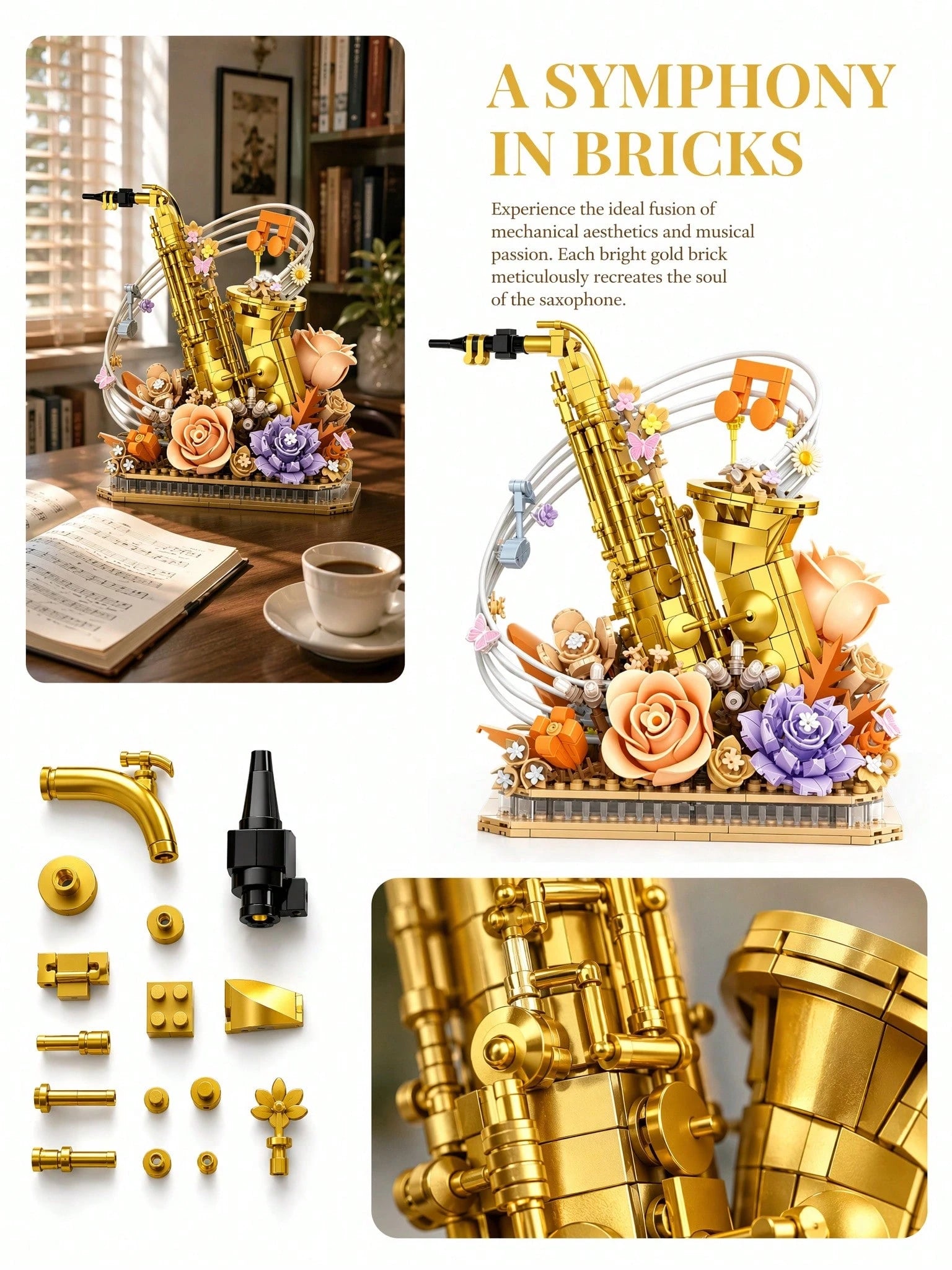1013pcs Gold Saxophone Eternal Flower Building Blocks Decor, Jazz Instrument & Warm Tone Floral Theme Wall Sticker, Vintage Study Window Sill Shelf Aesthetic Decoration, Romantic Anniversary Graduatio