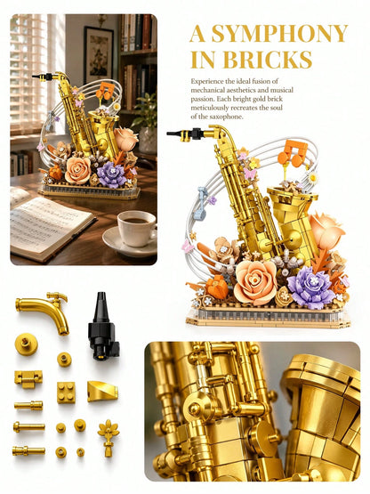 1013pcs Gold Saxophone Eternal Flower Building Blocks Decor, Jazz Instrument & Warm Tone Floral Theme Wall Sticker, Vintage Study Window Sill Shelf Aesthetic Decoration, Romantic Anniversary Graduatio