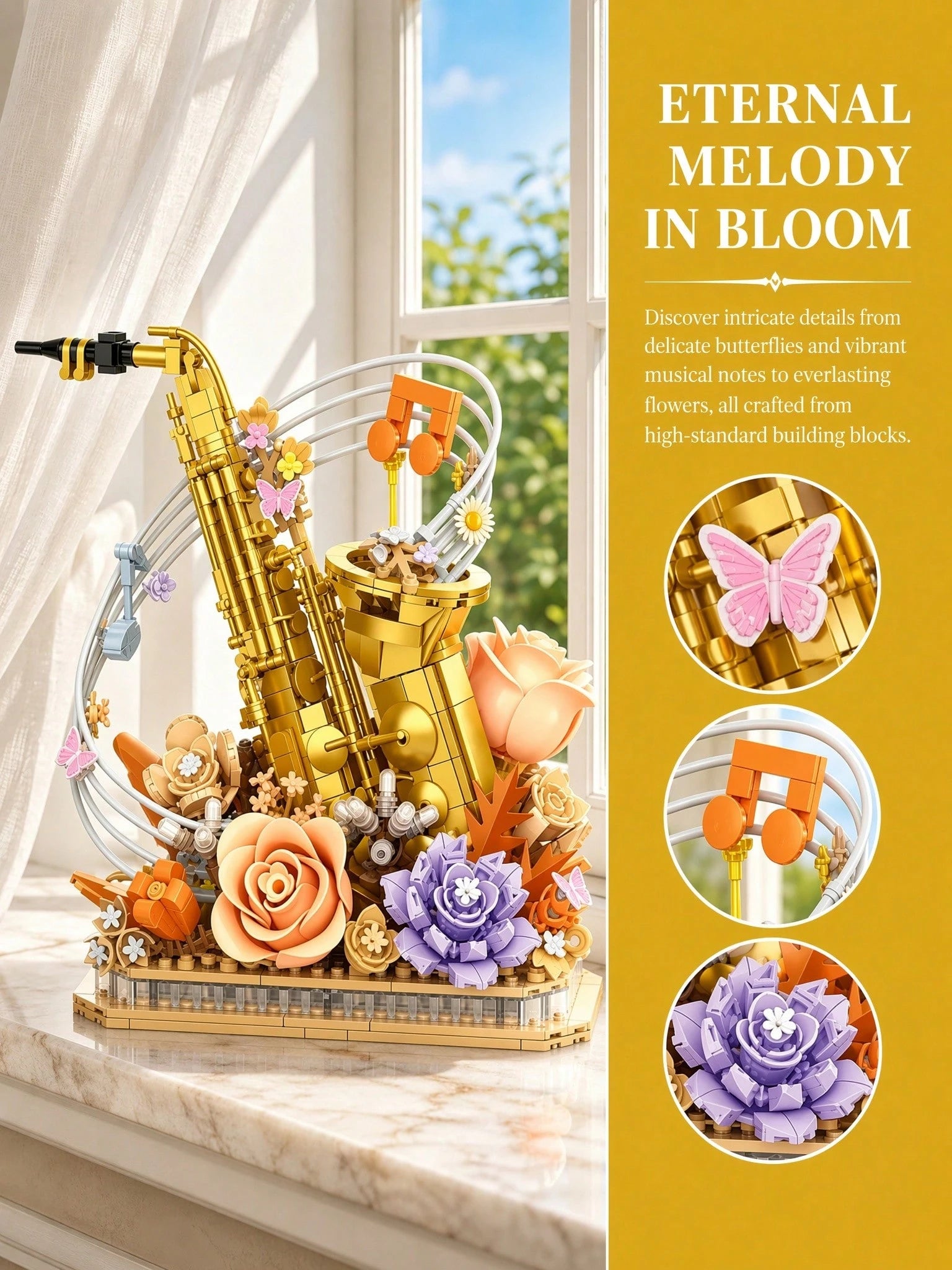 1013pcs Gold Saxophone Eternal Flower Building Blocks Decor, Jazz Instrument & Warm Tone Floral Theme Wall Sticker, Vintage Study Window Sill Shelf Aesthetic Decoration, Romantic Anniversary Graduatio