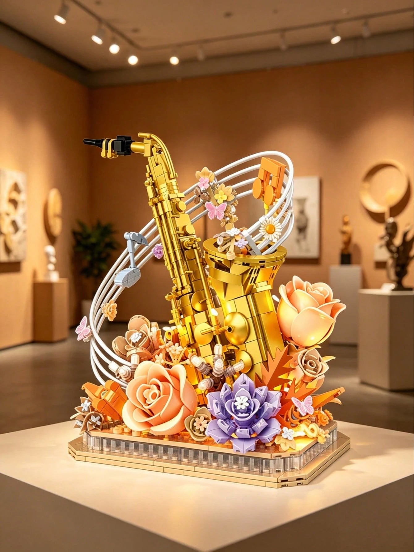 1013pcs Gold Saxophone Eternal Flower Building Blocks Decor, Jazz Instrument & Warm Tone Floral Theme Wall Sticker, Vintage Study Window Sill Shelf Aesthetic Decoration, Romantic Anniversary Graduatio