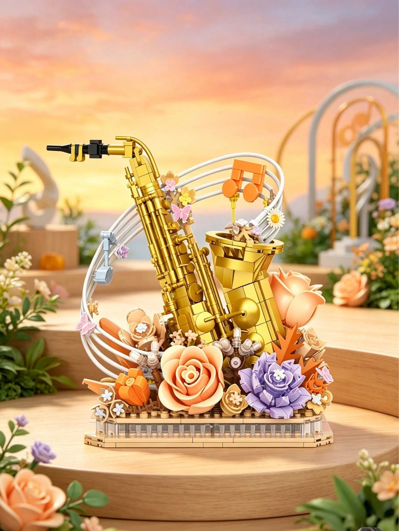 1013pcs Gold Saxophone Eternal Flower Building Blocks Decor, Jazz Instrument & Warm Tone Floral Theme Wall Sticker, Vintage Study Window Sill Shelf Aesthetic Decoration, Romantic Anniversary Graduatio