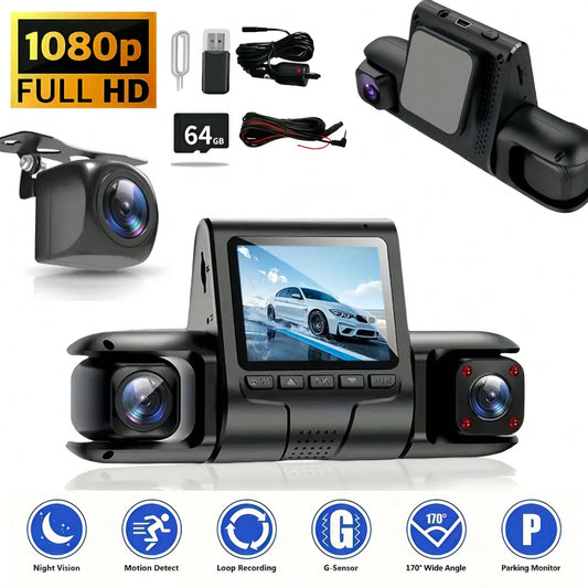 1080P 3 Camera, Dash Cam For Cars, Front Inside And Rear Camera, Car Camera With IR Night Vision, Loop Recording, Wide Angle Car DVR Camera With 2 Inch IPS Screen 32GB Memory Card